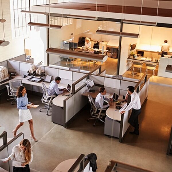 Large modern office with employees working