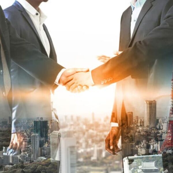 graphical representation of 2 businessmen shaking hands