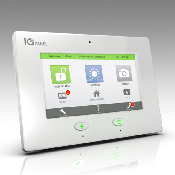 A white IQ Panel touchscreen device displays a home screen with options for arming the system, checking status, weather, home control, and camera. The screen indicates it is September 11, 2014, and the system status is "System Ready - Disarmed." Buttons are below the screen.