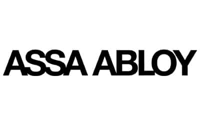The image features the logo of ASSA ABLOY, which consists of the company's name in bold, black capital letters on a white background.