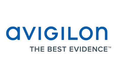 The image shows the Avigilon logo, with 'avigilon' written in lowercase blue letters. Below the logo, the tagline 'THE BEST EVIDENCE™' is written in uppercase gray letters. The background is white.