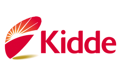 The image features the Kidde logo. It consists of a red, stylized design resembling an abstract flame or leaf with white lines radiating from the center. The word 'Kidde' is written in bold red letters to the right of the design.