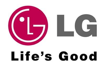 The image shows the LG logo, consisting of a red circle with a stylized 'L' and 'G' forming a face, accompanied by the grey letters 'LG' to the right of the circle. Below the logo, the slogan 'Life's Good' is written in black text.