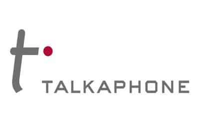 The image shows the Talkaphone logo, which consists of a stylized lowercase 't' in gray with a red dot to its upper right, followed by the word 'TALKAPHONE' in gray, all set against a white background.